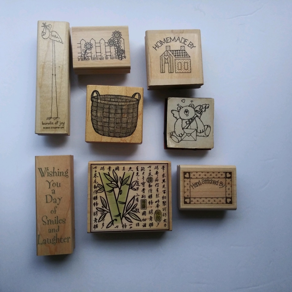 Lot Of 8 Vintage Used And Loved Stamp Collection! Bear Basket Bamboo